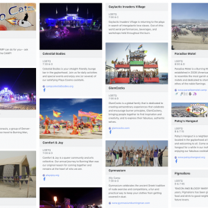A screen shot of the Queer Burners Directory showing some of the LGBTQ+ theme camps from 2019